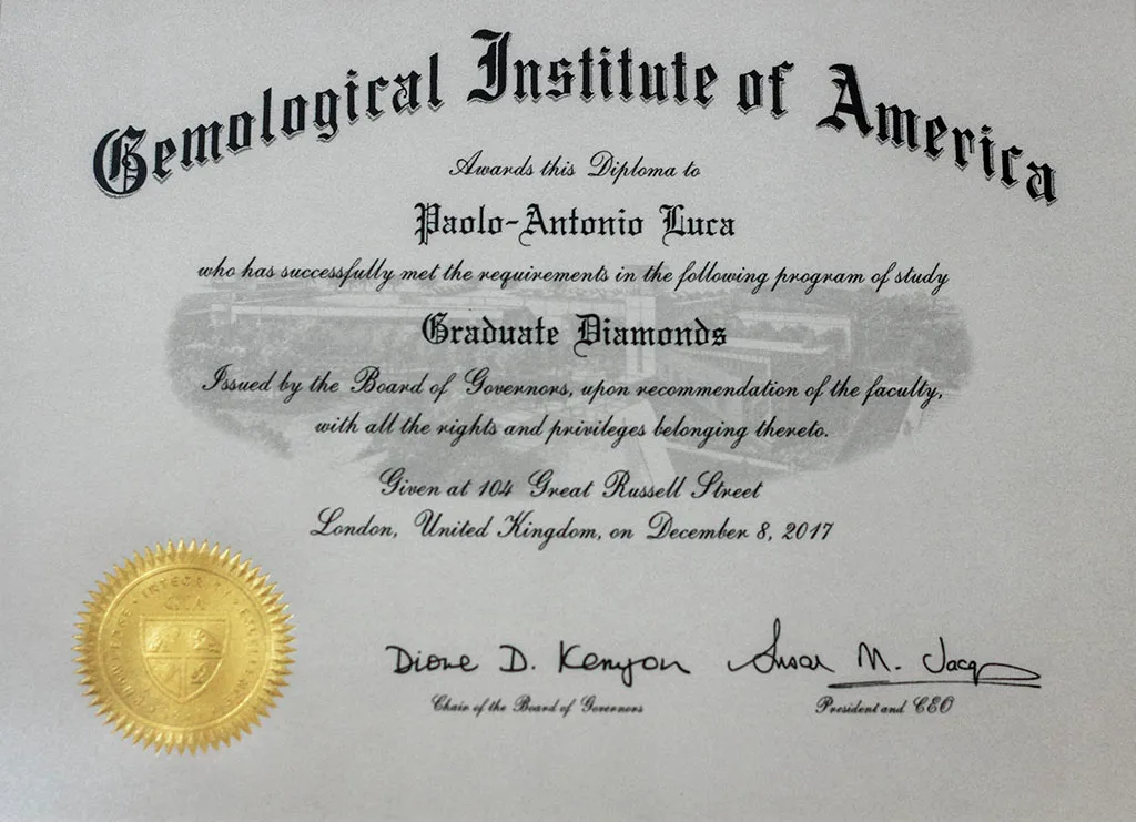 Diploma Gemological Institute of America în Graduate Diamonds, acordată lui Paolo-Antonio Luca