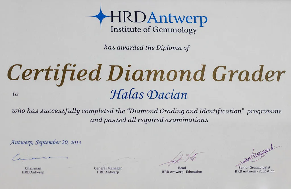 Diploma HRD Antwerp: Certified Diamond Grader, acordată lui Halas Dacian